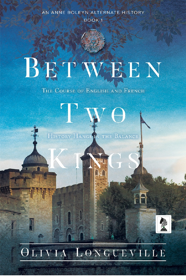 Book cover for Between Two Kings, featuring a woman in a Tudor-era gown.