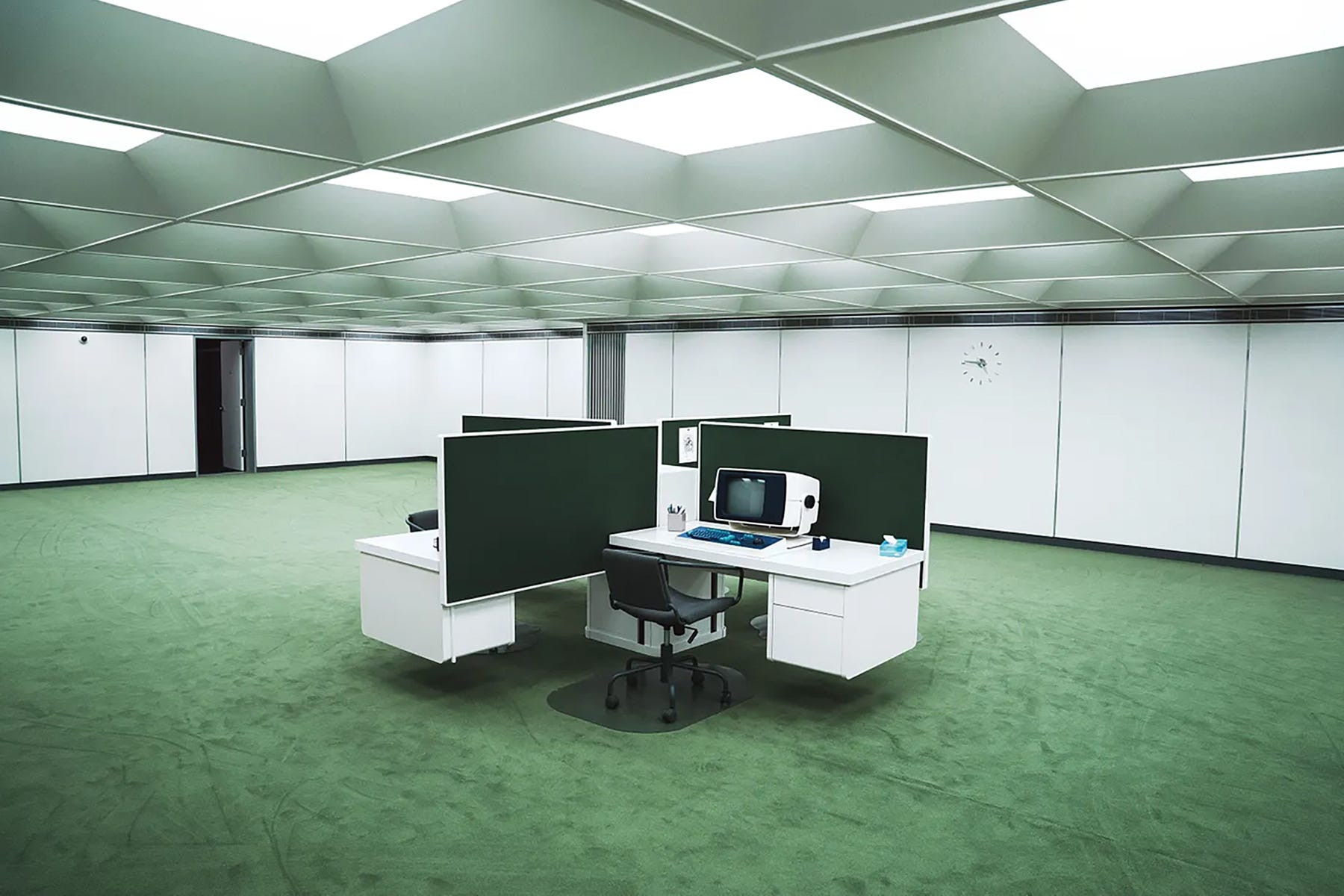 The Macrodata Refinement team’s office at Lumon Industries, featuring pale green carpet and minimalist white desks.