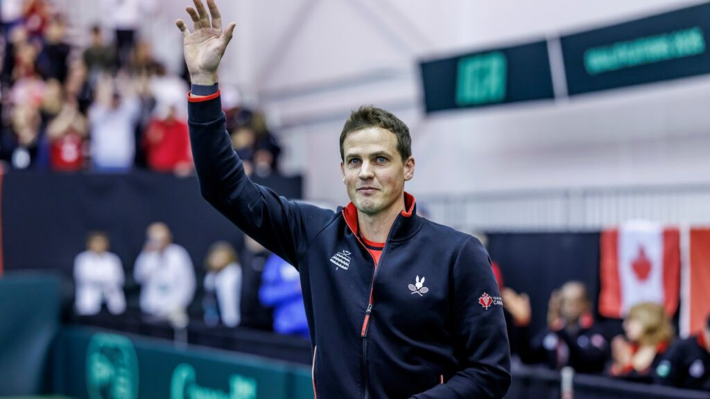 Vasek Pospisil waves to the crowd after the Canada vs. Hungary Davis Cup match.