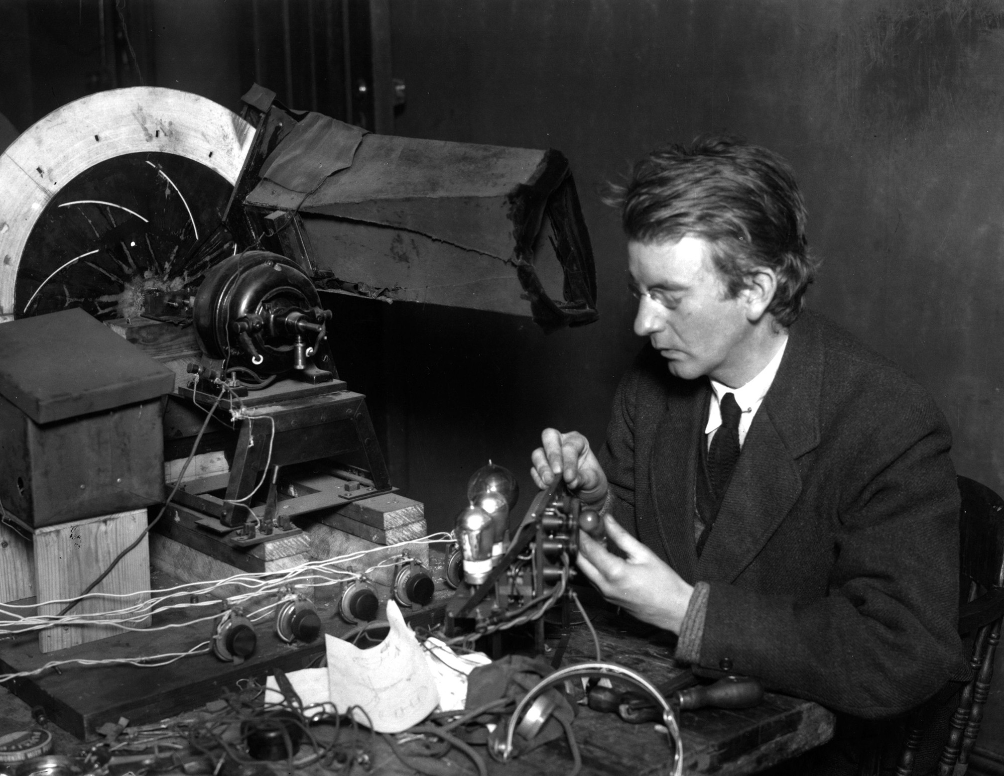 John Logie Baird with his mechanical television.