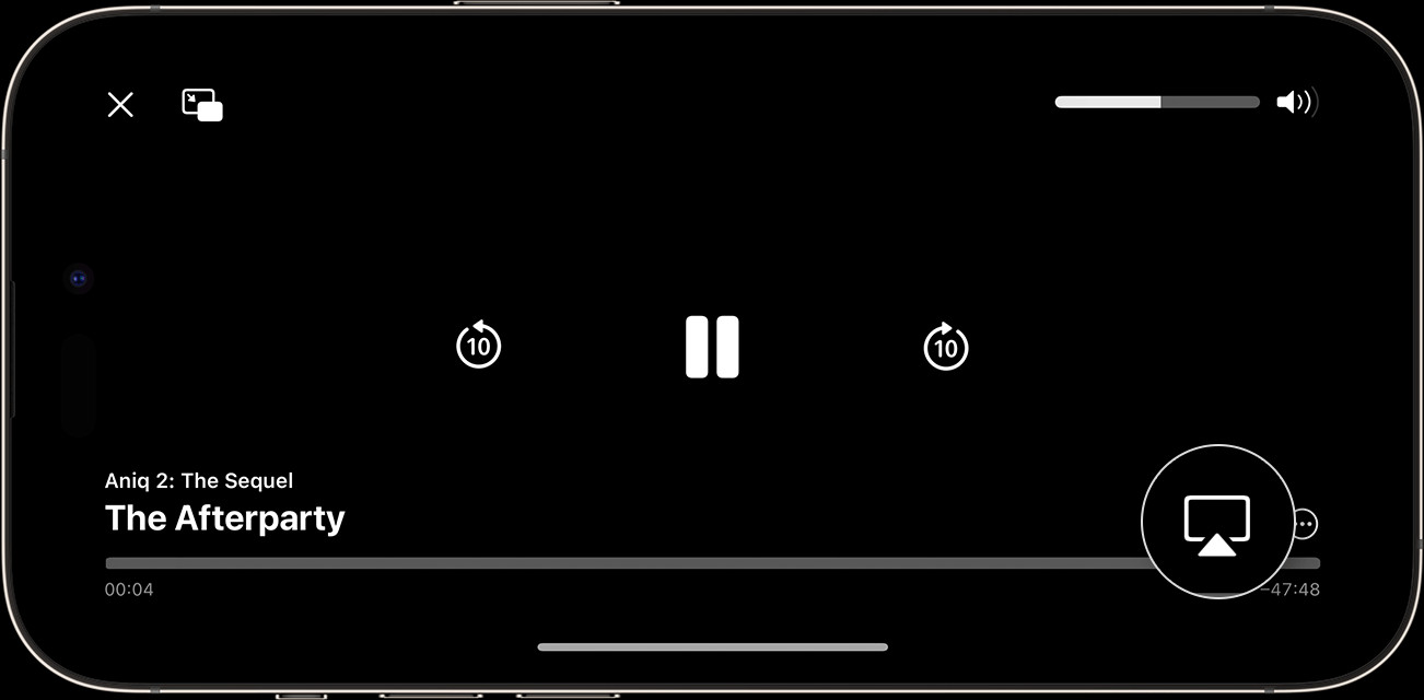 Alt text: An iPhone connected to a TV wirelessly via AirPlay, streaming a movie.