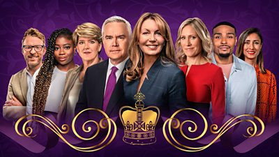 Presenters of the Coronation Concert: JJ Chalmers, Clara Amfo, Clare Balding, Huw Edwards, Kirsty Young, Sophie Raworth, Jordan Banjo and Anita Rani