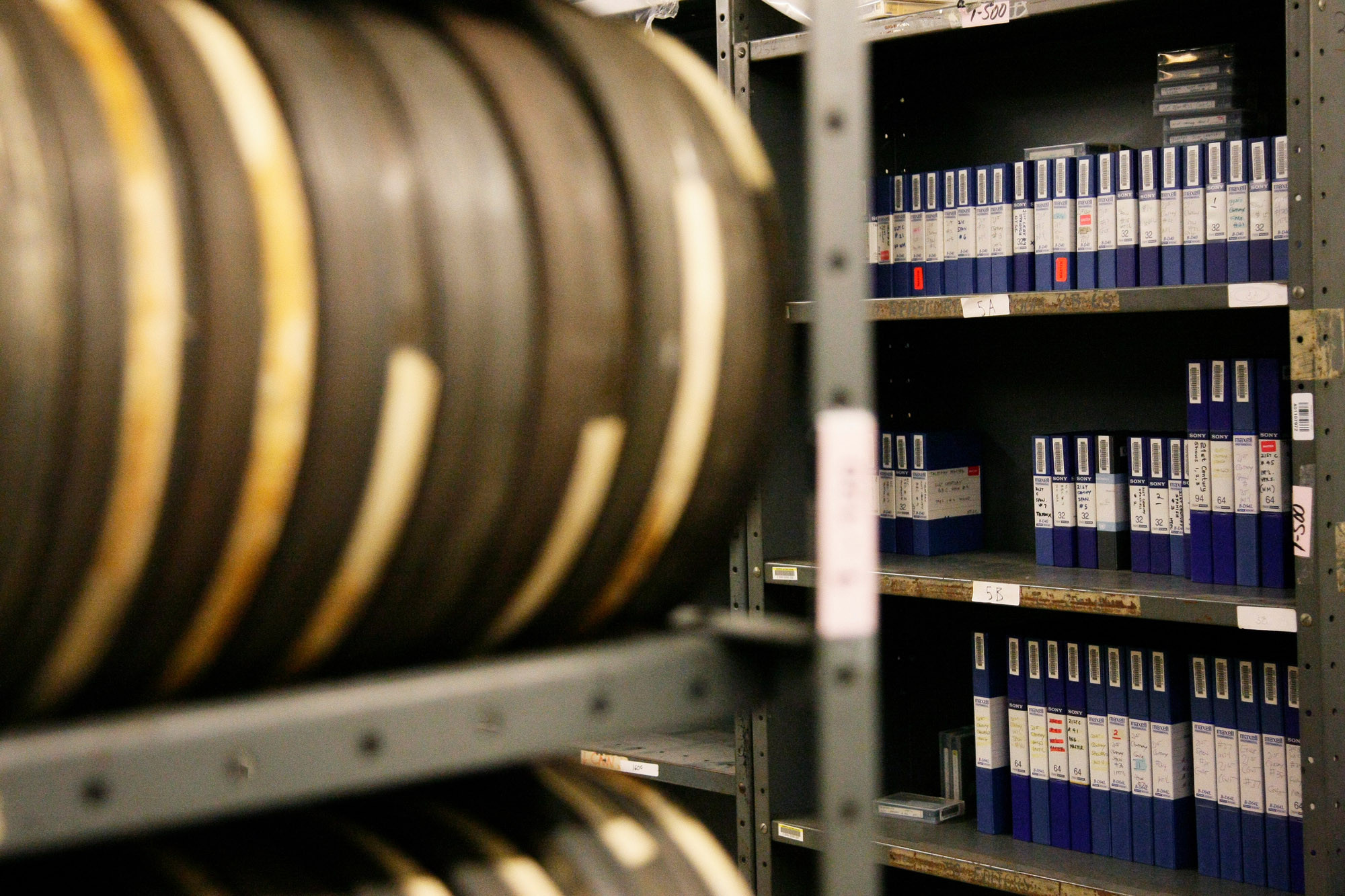 Stacks of film reels and video tapes in the Department of Global Communication (DGC) audiovisual archives at UN Headquarters