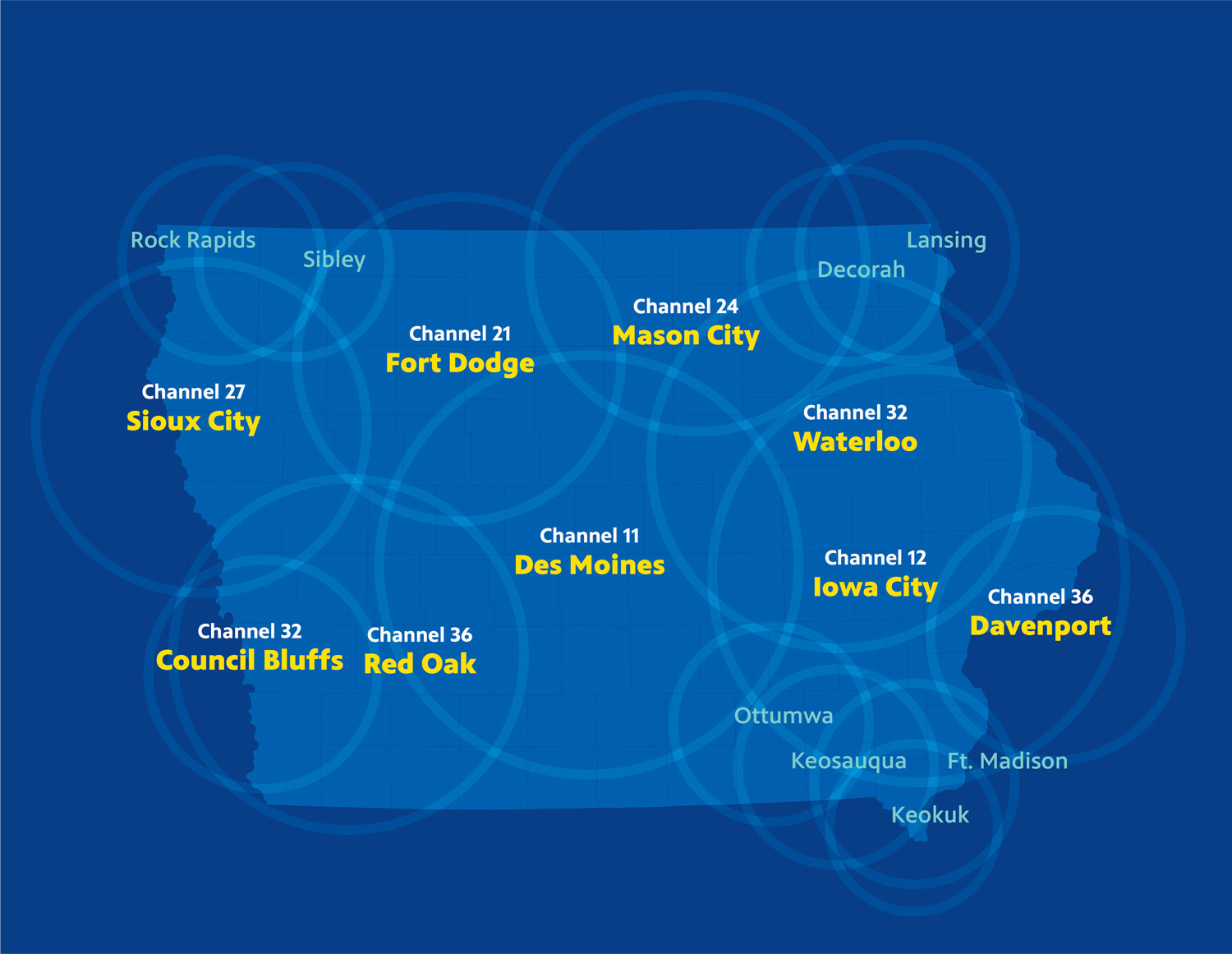 Map illustrating the statewide coverage of Iowa PBS broadcasting network.