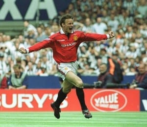 FA Cup Final at Wembley Stadium. Manchester United 2 v Newcastle United 0. Teddy Sheringham celebrates after scoring the opening goal for Manchester United. 22nd May 1999. Pic courtesy of Mirrorpix.