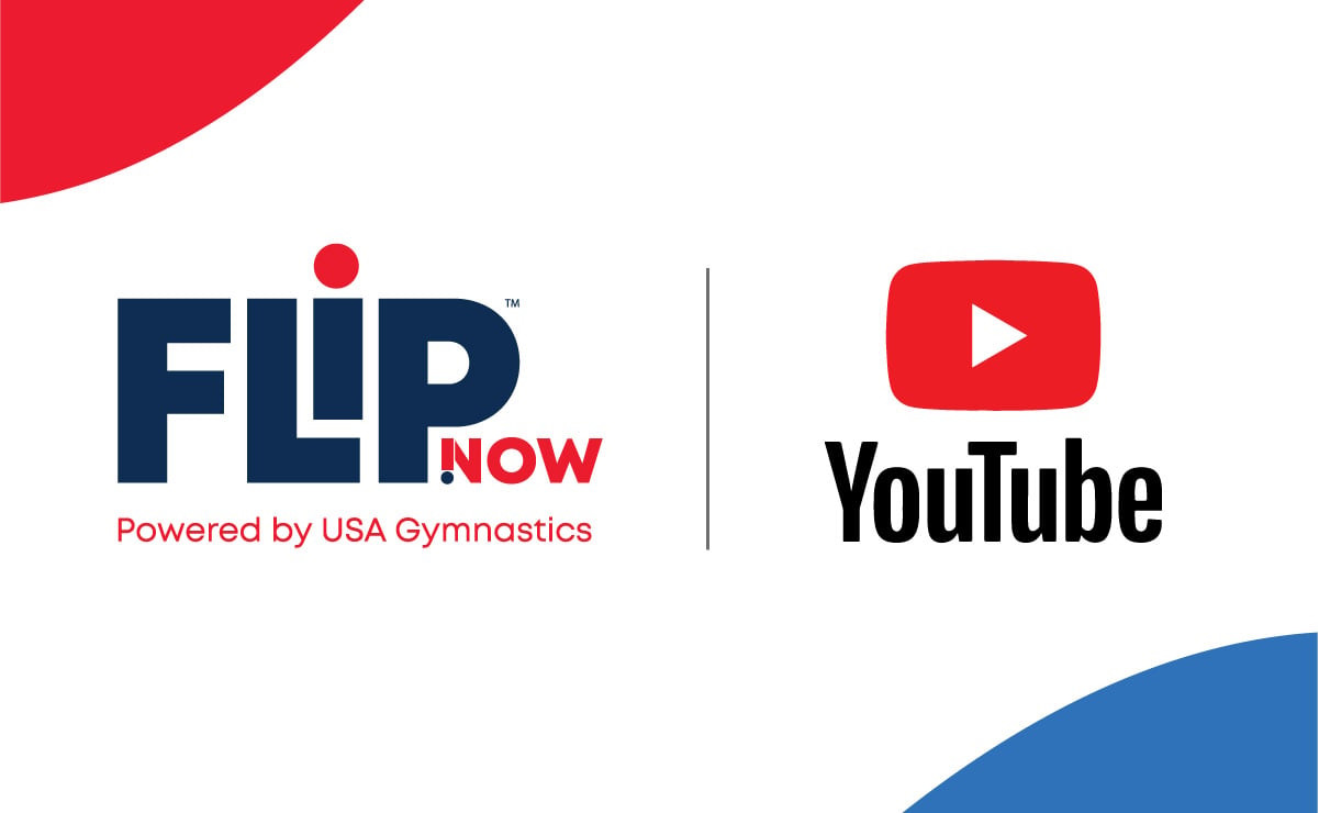 Gymnastics streaming schedule announcement banner featuring logos of USA Gymnastics YouTube Channel and FlipNow.tv