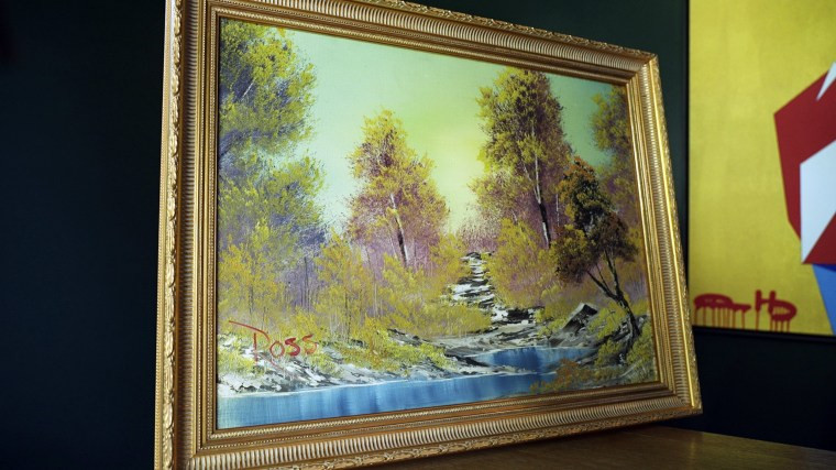 Bob Ross painting happy little trees in a landscape