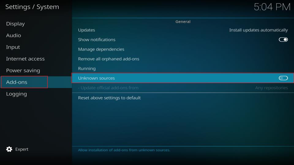 Enable Unknown Sources in Kodi