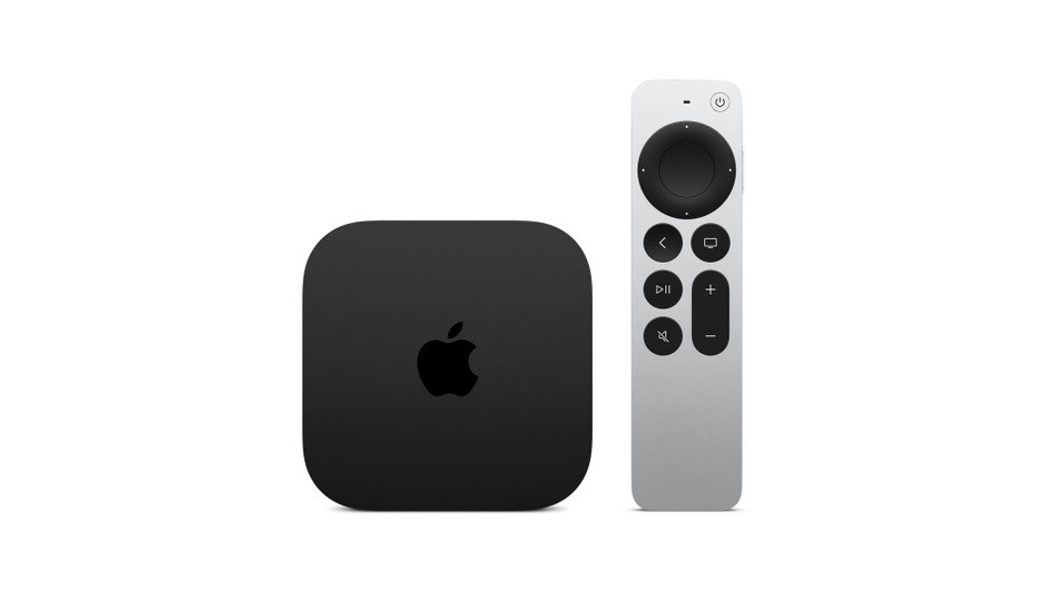 Apple TV device on a stand