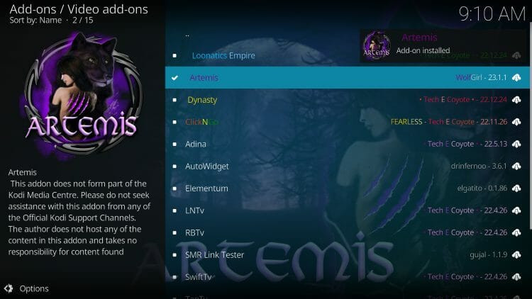 artemis kodi addon installation complete message