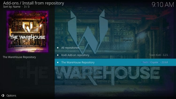 choose the warehouse repository for artemis kodi addon
