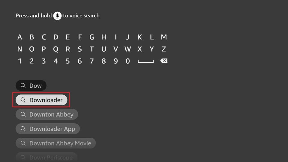 Searching for the Downloader app on FireStick