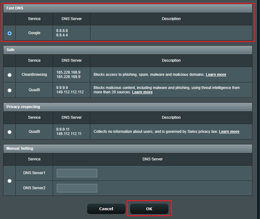 Entering DNS Server Addresses