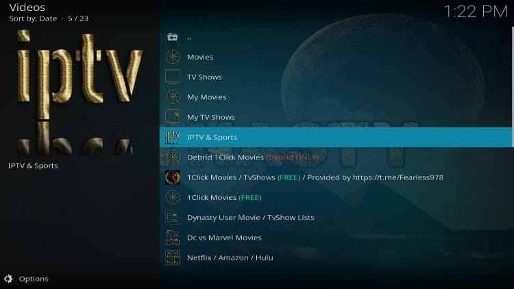 Dynasty Kodi Live TV main menu