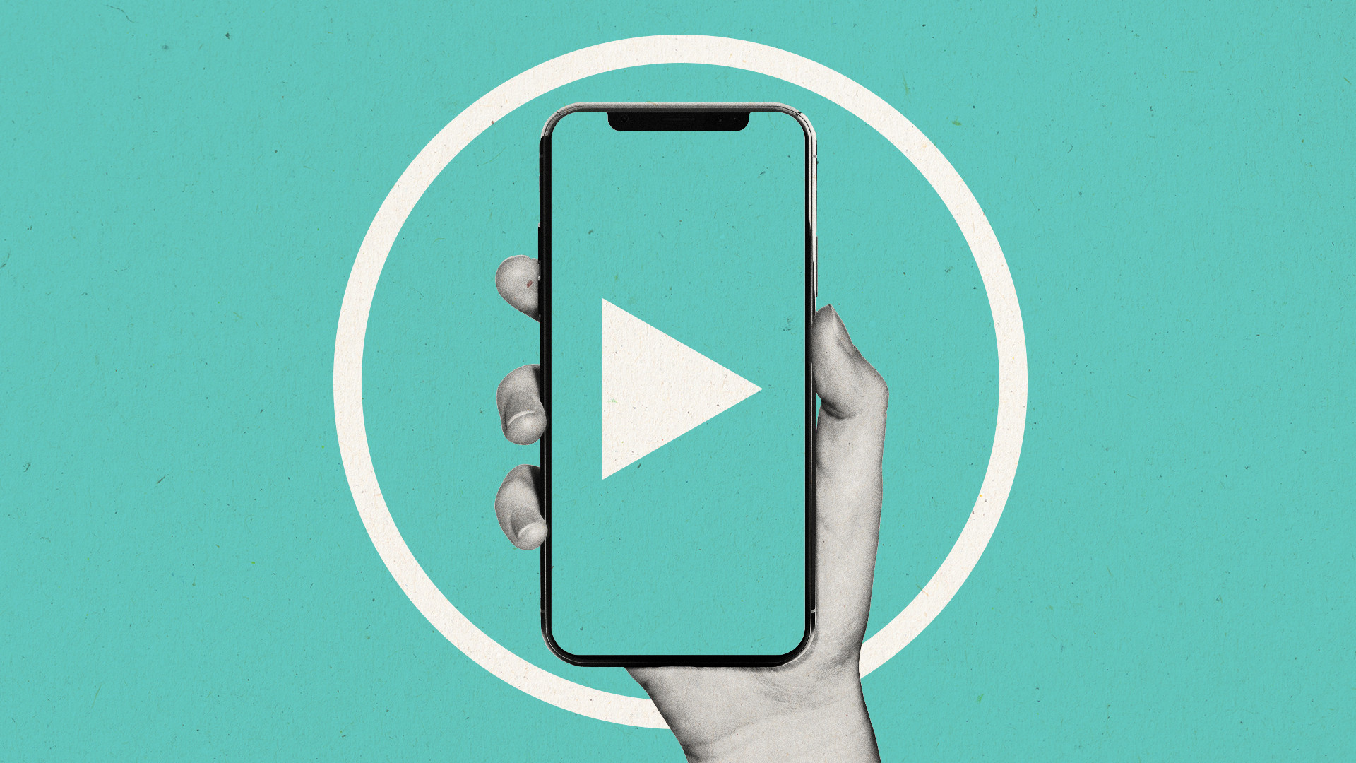 Hand holding a phone with a play button and circle around it