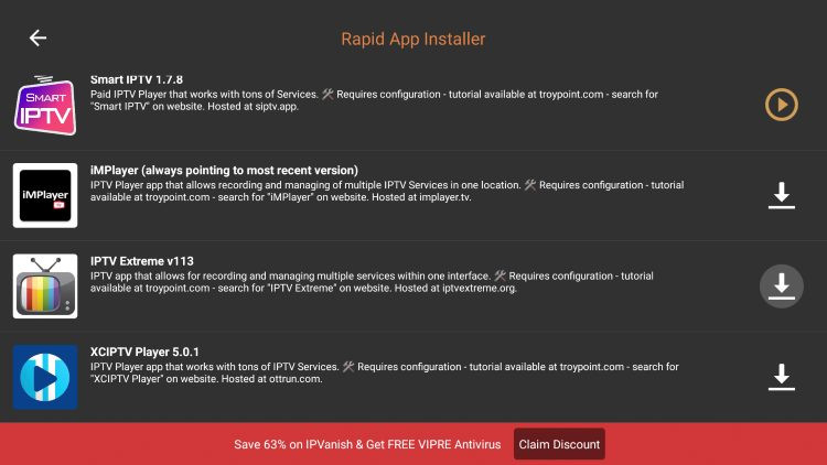 Scroll down to find IPTV Extreme Pro and click the arrow.