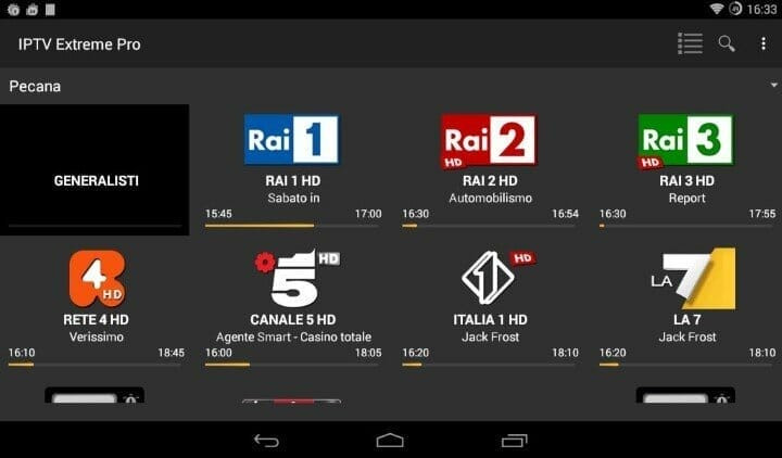 IPTV Extreme Pro interface displaying a grid layout of channels and program information