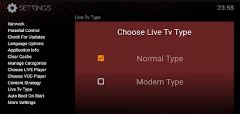 Iboxx IPTV Player Interface: On an LG TV, highlighting its support for M3U8 URLs and user-friendly navigation