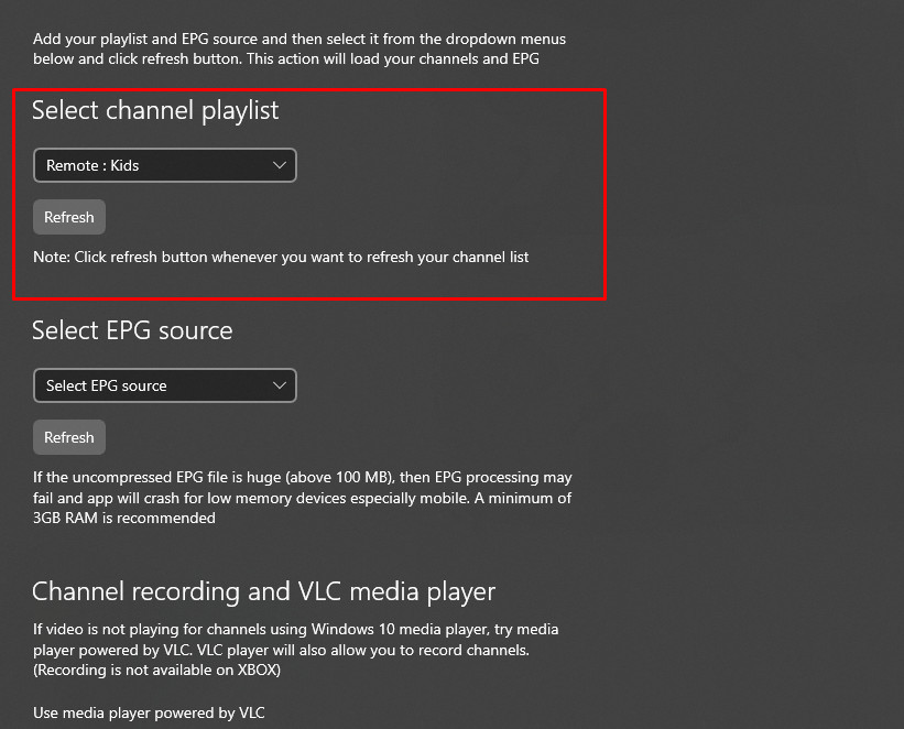 Selecting Playlist to MyIPTV Player on Xbox