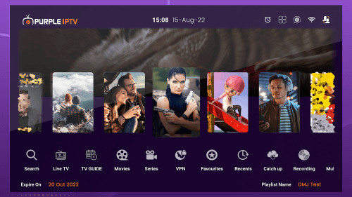Purple IPTV Player showing multiple streaming options