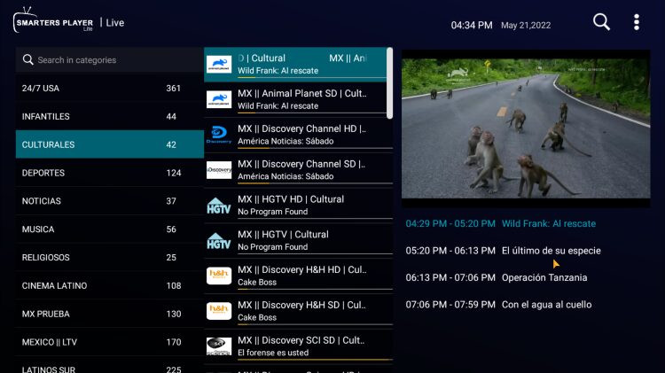 IPTV Smarters interface displaying live TV options and VOD content