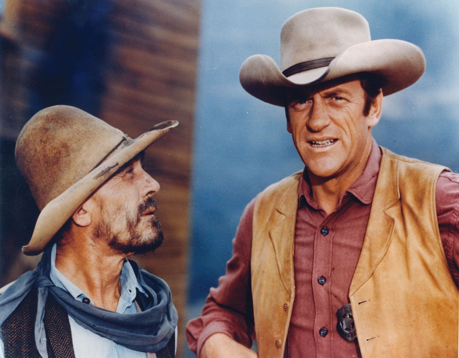 Ken Curtis (left) in the role of Festus Haggen and James Arness as Marshal Matt Dillon in a scene from the television western series Gunsmoke