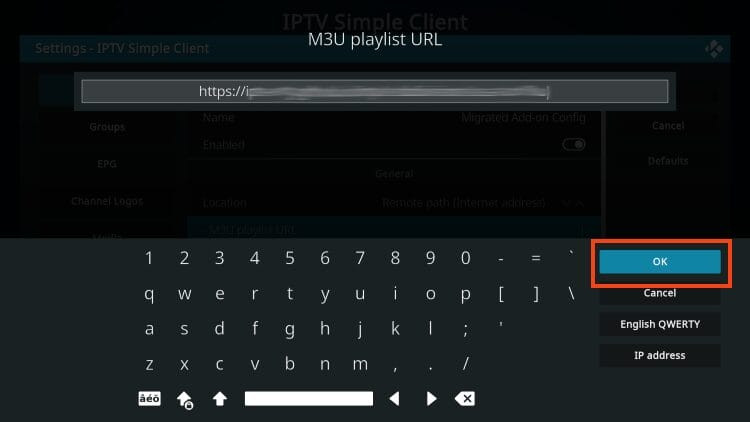 input m3u for kodi iptv and click ok