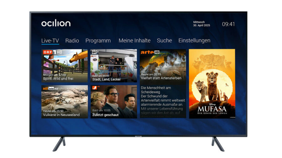 A Samsung Smart TV displaying an IPTV portal interface, showcasing live TV channels and on-demand content options