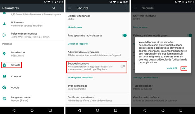 Android device showing settings to allow installation from unknown sources