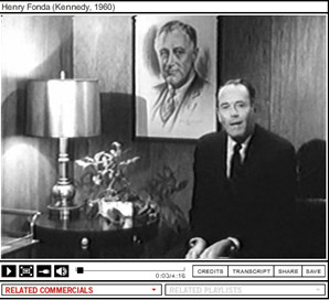 Henry Fonda endorsing John F. Kennedy in a TV commercial, highlighting the use of celebrity endorsements in the 1960 election