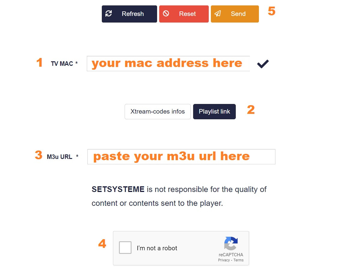 The SET IPTV setup page on a computer browser, showing fields for TV MAC address and m3u URL input