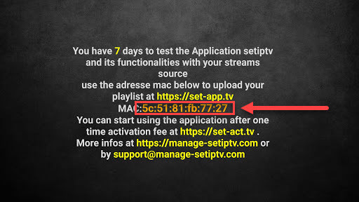 Set IPTV displaying its MAC address on a smart TV screen