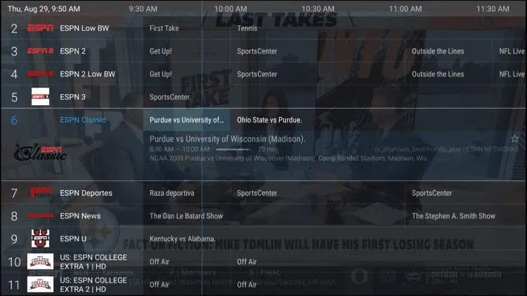 TiviMate interface showing a user-friendly IPTV layout with channel groups and EPG