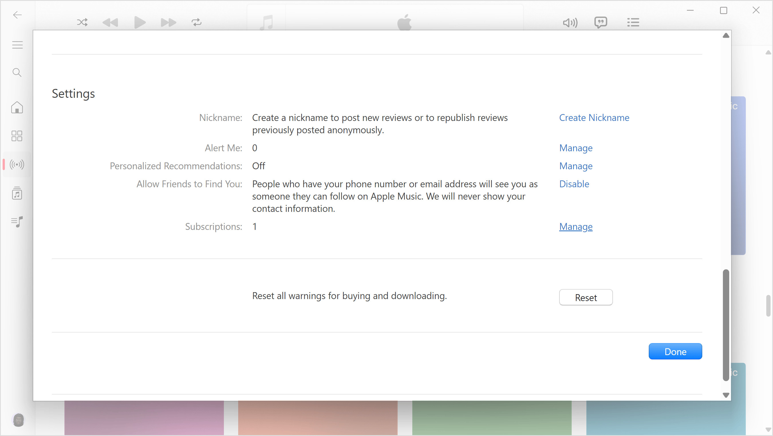 Apple Account settings in Apple Music app for Windows.