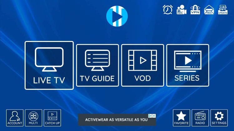 XCIPTV interface with TV Guide and various settings
