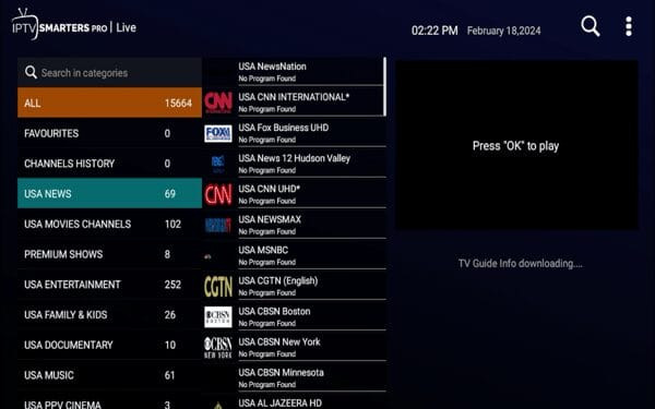 You have successfully logged in using Xtream Codes! All of the live channels offered by your IPTV service should appear.